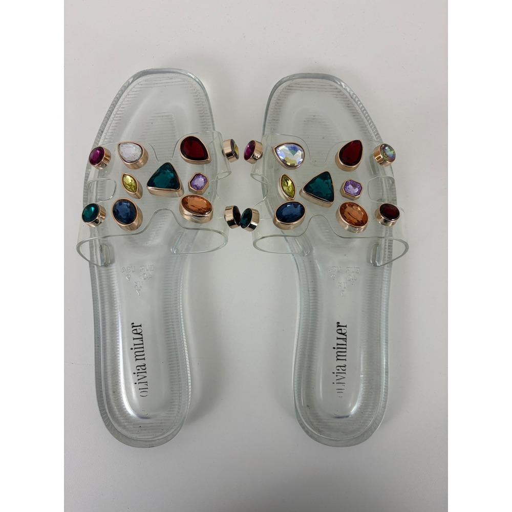 Olivia Miller Womens Clear Jelly Slide Sandals Multi Color Gemstone Jeweled Sz 9